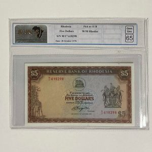 1978 - Rhodesia Five Dollar - Gem Unc 65 SANGS Graded