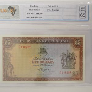 1978 - Rhodesia Five Dollar - Gem Unc 65 SANGS Graded