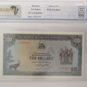 1979 - Rhodesia Ten Dollar - Gem Unc 66 SANGS Graded
