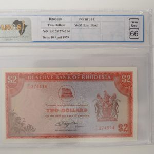 1979 - Rhodesia Two Dollar - Gem Unc 66 SANGS Graded