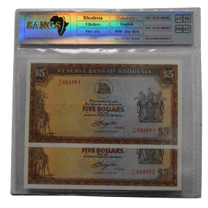 1979 - Rhodesia - 5 Dollars - Consecutive AU58 and MS62 SANGS Graded